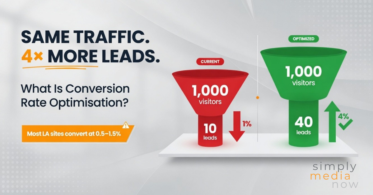 Conversion rate optimisation graphic showing same website traffic producing 4x more leads for LA businesses