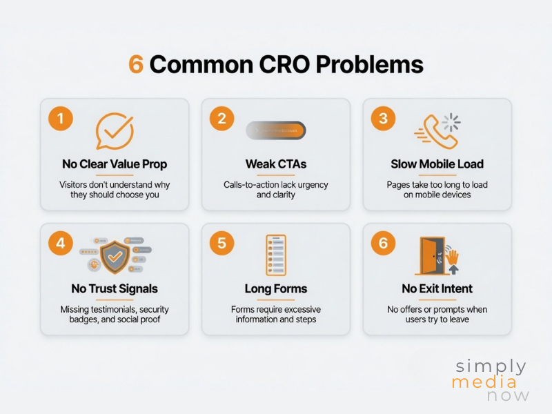 Six common CRO problems including weak CTAs, slow mobile load, long forms, and missing trust signals