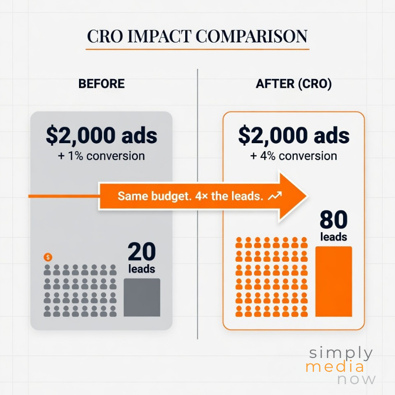 CRO impact comparison showing same ad budget increasing leads from 20 to 80 through higher conversion rate