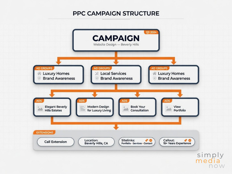 PPC campaign structure diagram showing campaign, ad groups, ads, and extensions for a Google Ads setup.