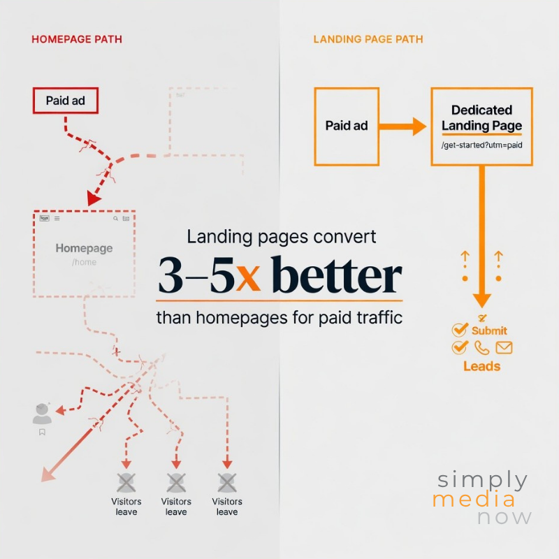 Paid ad landing page comparison showing dedicated landing pages convert 3–5x better than homepages for paid traffic.