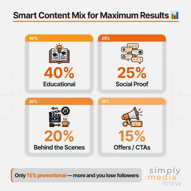 Smart content mix infographic showing educational, social proof, behind-the-scenes, and CTA content percentages for social media marketing.
